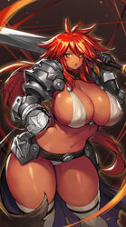 armor ass bare_midriff bare_shoulders belly_button bikini bikini_armor boob_window breasts cleavage dark-skinned_female dark_skin functionally_nude functionally_nude_female gauntlets gurimjang holding_object holding_weapon inner_sideboob large_ass large_breasts long_hair looking_at_viewer navel nipple_bulge nipples_visible_through_clothing original panties pauldrons red-haired_warrior_(gurimjang) red_hair sideboob sword tagme tan_skin tanned thick_thighs thighhighs thighs weapon white_panties yellow_eyes rating:Questionable score:126 user:CalZone