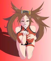 1girls after_fellatio artist_name breasts brown_eyes brown_hair chinese_clothes covered_nipples cum cum_drip cum_in_pussy cum_on_face erect_nipples female gradient_background guilty_gear hairclip hand_on_breast hazard_sys kuradoberi_jam large_breasts long_hair on_knees open_mouth simple_background sitting skin_tight tongue twintails rating:Explicit score:45 user:HipBeeFucker