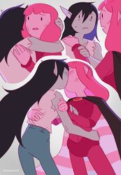  2girls absurdres adventure_time artist_name black_hair blush closed_eyes colored_skin grey_skin hand_on_another's_shoulder highres hug kissing long_hair marceline_abadeer multiple_girls parted_lips pink_skin princess_bonnibel_bubblegum steamylite yuri  rating:questionable score: user:bot