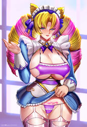 1girls badcompzero big_breasts blonde_hair blue_eyes bra cafe_cutie_gwen cafe_cuties_series cleavage female female_only gwen_(league_of_legends) heart_tattoo huge_breasts league_of_legends long_hair looking_at_viewer maid maid_dress maid_headdress maid_outfit maid_uniform panties riot_games showing_panties showing_pussy tattoo thick_thighs rating:Explicit score:131 user:Cockaisa