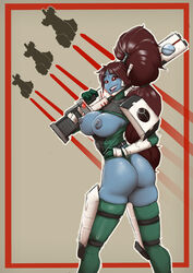 1girls 4_fingers alien alien_girl ass beam_rifle blue_skin breasts breasts_out brown_hair cleavage clothed darkminou energy_weapon farsight_enclave green_leotard grey_nipples headgear high_ponytail holding_gun large_breasts long_hair multiple_hair_ties nipples no_bra no_nose pauldrons propaganda red_sclera tau textless thighhighs thong_leotard warhammer_(franchise) warhammer_40k rating:Questionable score:65 user:kikimaru024