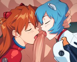 1boy 2girls asuka_langley_sohryu blush clothing collaborative_fellatio double_fellatio erection fellatio female multiple_girls neon_genesis_evangelion oral penis plugsuit rei_ayanami straight suoiresnu teamwork threesome tongue tongue_out rating:Explicit score:731 user:justausername