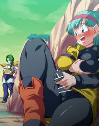 1boy 1futa :d aqua_hair armor bar_censor black_bodysuit blue_eyes blush bodysuit boots braid braided_ponytail breasts bulma_briefs bulma_briefs_(frieza_saga) censored clothed clothing commission covered_penis dragon_ball dragon_ball_z erection female_pervert fully_clothed futa_focus futanari grabbing_own_breast green_hair green_sky hairband light-skinned_futanari light_skin looking_to_the_side male masturbation masturbation_through_clothing medium_hair namek nose_blush open_mouth pervert rock rom self_fondle sitting skeb_commission skin_tight smile solo_focus standing stealth_masturbation zarbon rating:Explicit score:156 user:bot