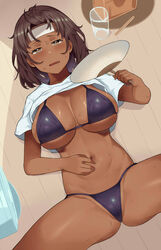 1girls bare_arms bare_legs bare_midriff bare_shoulders bare_thighs barefoot belly_button bikini bikini_bottom bikini_top black_bikini black_hair breasts cleavage cup dark-skinned_female dark_skin fan female female_focus female_only glass hai_ookami inner_sideboob large_breasts looking_up midriff navel nipple_bulge oerba_yun_fang on_back original shirt_lift shirt_up short_hair sideboob skimpy skimpy_bikini skimpy_clothes sole_female solo solo_female solo_focus spread_legs sweat sweatdrop thick_thighs underboob wet wet_clothes wet_skin white_shirt rating:Explicit score:57 user:CalZone