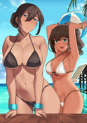 2girls arm_up armpits arms_behind_head bare_arms bare_legs bare_midriff bare_shoulders bare_thighs beach beach_ball belly_button bikini bikini_bottom bikini_top black_bikini black_hair bracelet bracelets breasts cleavage dark-skinned_female dark_skin ear_piercing female female_focus female_only front_view hair hair_bun heart-shaped_pupils highlow holding_object inner_sideboob large_breasts looking_at_viewer midriff mother_and_daughter navel navel_line nipple_bulge ponytail revealing_clothes short_hair sideboob skimpy skimpy_bikini skimpy_clothes sky swimsuit swimwear tan_body tan_skin underboob wet wet_clothes wet_hair wet_skin white_bikini rating:Explicit score:104 user:CalZone