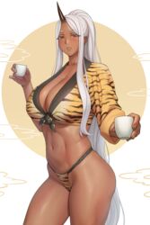 1girls bushu_(lvl) cleavage cup dark-skinned_female dark_skin female female_only fundoshi happi hi_res holding_cup horn looking_at_viewer lvl lvl_(sentrythe2310) narrowed_eyes oni oni_horns original original_character pointy_ears ponytail red_eyes solo solo_female thick_thighs thong tiger_print very_long_hair white_hair yamakasa rating:Questionable score:167 user:!nner$elf89