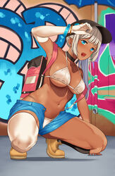 1girls arm_up armband armpits asymmetrical_clothes asymmetrical_gloves asymmetrical_legwear backpack bangs bare_arms bare_midriff bare_shoulders bare_thighs belly_button bikini bikini_bottom bikini_top bikini_under_clothes black_legwear blue_eyes boots bracelet bracelets breasts choker cleavage dark-skinned_female dark_skin ear_piercing female female_focus female_only graffiti gyaru hand_on_head hat highlow inner_sideboob jorts kuro_gyaru large_breasts long_gloves long_hair long_ponytail looking_at_viewer looking_to_the_side midriff navel nipple_bulge open_clothes open_clothing open_mouth ponytail revealing_clothes short_shorts shorts side_view sideboob skimpy skimpy_bikini skimpy_clothes sole_female solo solo_female solo_focus squatting swimsuit swimwear tan_body tan_skin thick_thighs thigh_highs thighhighs thighs underboob white_bikini white_gloves white_hair white_legwear rating:Questionable score:118 user:CalZone