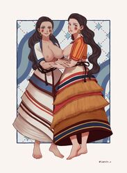 2girls abstract_background ancient ancient_greece ancient_history balkan balkan_clothing balkan_female black_hair braid breasts breasts_out capelin_s dress europe european feet greece greek historical history large_breasts long_hair minoan nonsexual_nudity smile southern_european standing traditional_clothes traditional_clothing rating:Questionable score:90 user:klinika1