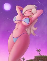 1girls armpits big_thighs crown curvy eyes_closed huge_breasts light_blue_bikini long_hair mario_(series) moon moonlight nintendo pale-skinned_female pale_skin pink_mouth platinum_blonde_hair princess princess_rosalina purple_sky saf-404 saf_404 safartwoks safartworks star_earrings super_mario_galaxy tagme thick_thighs rating:Explicit score:72 user:Springtron