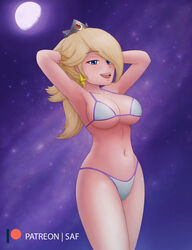 1girls armpits arms_behind_head big_breasts bikini blue_eyes breasts ear_piercing earrings female hair_between_eyes hair_over_one_eye legs light_blue_bikini mario_(series) navel patreon patreon_logo princess_rosalina purple_sky saf-404 safartwoks safartworks seductive_smile solo solo_female star_earrings super_mario_galaxy thighs rating:Explicit score:59 user:Springtron