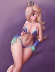 1girls big_breasts bikini blonde_hair blue_bikini blue_eyes breasts crown earrings female female_only gloves hair_over_one_eye long_hair lying mario_(series) mario_kart mario_kart_tour nintendo pale-skinned_female pose princess_rosalina purple_background saf-404 safartwoks safartworks smile solo star_earrings rating:Questionable score:74 user:Springtron