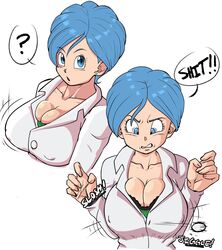 2koma ? big_breasts blue_eyes blue_hair bouncing_breasts bra bra_cups_sticking_out bra_peek breast_focus breasts bulma_briefs button_down_shirt button_pop cleavage dragon_ball dragon_ball_super ear_piercing english_text labcoat looking_at_breasts looking_at_viewer looking_down looking_up nipple_bulge onomatopoeia pseudocel shounen_jump simple_background swear text wardrobe_malfunction rating:Explicit score:275 user:KuroNekoChan