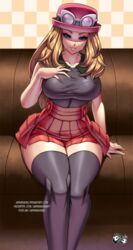 1girls alternate_breast_size big_breasts blue_eyes breasts brown_hair eye_contact female hat huge_breasts jadenkaiba large_breasts long_hair looking_at_viewer nintendo pokemon pokemon_xy serena_(pokemon) serena_(pokemon_games) sitting skirt thick_thighs thighhighs thighs rating:Questionable score:275 user:Bikuta69