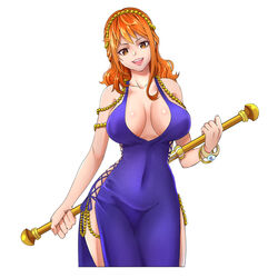 absurdres bangs bare_shoulders behind_back breasts breasts_apart cleavage covered_navel dress female female_focus female_only groin hand_up happy head_tilt highres holding holding_staff kerana_art large_breasts legs long_dress long_hair looking_at_viewer lots_of_jewelry matching_hair/eyes nami one_piece open_mouth orange_eyes orange_hair polearm simple_background sleeveless smile solo staff standing teeth thighs upper_teeth weapon white_background rating:Questionable score:139 user:bruhbruh98