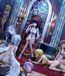 6girls angel_wings ankle_cuffs ass barefoot black_hair blonde_hair bondage bottomless breasts brown_hair button_down_shirt candle cat_ears cat_tail catgirl chain_leash cleavage demon_wings distopia elf elf_ears female female_only femdom femsub foot_fetish foot_lick foot_worship groping_self harem kneeling large_breasts lezdom licking_foot loincloth long_hair multiple_females multiple_girls multiple_subs nude nude_female original original_characters owl pointy_ears purple_hair sex_slave short_hair slave slave_bikini slave_collar slave_outfit slavegirl submissive_female succubus throne white_hair yulia_(artist) yuri rating:Questionable score:150 user:TheKindHaremMaster