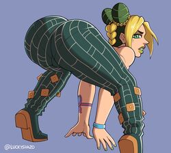 1girls ass ass_focus back_view big_ass blonde_hair cameltoe female female_only female_protagonist from_behind green_eyes green_hair huge_ass jojo's_bizarre_adventure jolyne_kujo luckyshazo pose shounen_jump simple_background solo solo_female solo_focus stone_ocean tattoo thick_thighs thighs rating:Explicit score:235 user:mr.sparkle