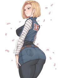 1girls absurd_res android_18 blonde_hair blue_eyes clothing dragon_ball dragon_ball_z female female_only legs_together mandytsune medium_hair petals solo solo_female thick_thighs white_background rating:Explicit score:249 user:!nner$elf89