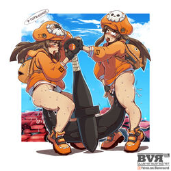 2girls blueversusred bottomless brown_hair female female_only genital_fluids guilty_gear hat long_hair may_(guilty_gear) object_insertion pleasure_face pussy sweat thick_thighs thighs vaginal_insertion rating:Explicit score:142 user:Bikuta69