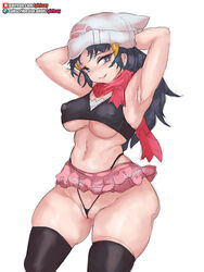 1girls armpits blue_eyes blue_hair breasts dawn_(pokemon) erect_nipples erect_nipples_under_clothes eye_contact female girlsay hat long_hair looking_at_viewer miniskirt nintendo nipple_bulge pokemon pokemon_dppt revealing_clothes skirt smile solo standing thick_thighs thighhighs thighs thong white_background wide_hips rating:Questionable score:100 user:Bikuta69