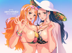 2girls big_breasts bikini bikini_top black_hair blush bracelets breast_press breasts brown_eyes duo ear_piercing eyewear_on_head female female_focus female_only fingernails flower_bikini flower_pattern gradient_background hat huge_breasts jewelry long_hair nami nico_robin ok_sign one_piece orange_hair partially_clothed post-timeskip shounen_jump summer_hat sunglasses_on_head symmetrical_docking tongue tongue_out yohkn3 yuri rating:Questionable score:341 user:lespam_605