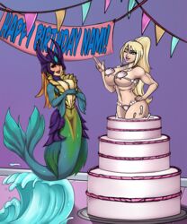 2021 alternate_version_available banner birthday birthday_cake commission eirhjien female_only league_of_legends marai mermaid metroid nami_(league_of_legends) pop_out_cake samus_aran seashell_bikini seashell_bra seashell_panties rating:Explicit score:9 user:Lungdrakkar