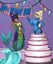 2021 alternate_version_available banner birthday birthday_cake commission crossover eirhjien female_only league_of_legends marai mermaid metroid nami_(league_of_legends) pop_out_cake samus_aran zero_suit zero_suit_samus rating:Safe score:18 user:Lungdrakkar