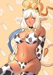 1girls absurdres animal_ears animal_print ash_(fire_emblem) bell bikini black_horns brown_eyes choker cow_ears cow_girl cow_horns cow_print cowbell cowboy_shot dark-skinned_female dark_skin ear_piercing elbow_gloves female female_only fire_emblem fire_emblem_heroes gloves highres holding holding_staff horns navel nintendo piercing pout pouty_lips shynrinn silver_hair staff swimsuit thighhighs year_of_the_ox rating:Questionable score:64 user:kris923