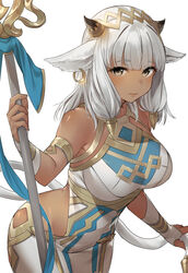 1girls animal_ears ash_(fire_emblem) bare_shoulders bicep_strap black_horns breasts brown_eyes cow_ears cow_girl cow_horns cowboy_shot dark-skinned_female dark_skin ear_piercing fire_emblem fire_emblem_heroes gold_trim haru_(nakajou-28) highres holding holding_staff horns pelvic_curtain piercing silver_hair sleeveless solo staff white_legwear rating:Questionable score:155 user:Hyunkel