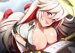 1boy breasts female gloves guilty_gear guilty_gear_xrd halo jack-o'_valentine large_breasts multicolored_hair neocoill nipples patreon_username pink_eyes red_hair sol_badguy tongue tongue_out white_hair rating:Explicit score:168 user:bot