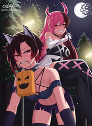 2girls abs angry bangs bitch_taken_for_walk black_hair blush breasts brown_hair collar colored cosplay crossover crossover_cosplay cslucaris dog_ears ear_piercing exposed_shoulders female gloves grin gritted_teeth gritting_teeth halloween halloween_costume helluva_boss horns human human_chair human_furniture lamppost large_breasts leash leggings long_gloves long_hair loona_(cosplay) loona_(helluva_boss) moon multicolored_hair navel neo_(rwby) night on_all_fours pentagram petplay pink_eyes pink_hair ponyplay revealing_clothes rooster_teeth ruby_rose rwby short_hair shorts silver_eyes sitting_on_back sitting_on_person sitting_on_sub spiked_collar stars swept_bangs tagme torn_clothes trees trick_or_treat_bag verosika_(cosplay) verosika_mayday_(helluva_boss) yuri rating:Questionable score:515 user:zoomzoomomega