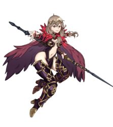 absurdres alternate_costume armor armored_boots armored_dress boots braid breasts brown_eyes cape circlet cleavage clothing_cutout ebinku eyebrows_visible_through_hair faye_(fire_emblem) feathers female fire_emblem fire_emblem_echoes:_shadows_of_valentia full_body happy_female harrier_(fire_emblem) high_heel_boots high_heels highres light_brown_hair looking_at_viewer medium_breasts medium_hair navel navel_cutout nintendo outstretched_hand pelvic_curtain polearm purple_legwear sidelocks simple_background smile solo thigh_boots thighhighs thighs twin_braids weapon white_background rating:Explicit score:22 user:Xotoj