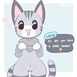 <3 2021 4_fingers :3 absurd_res animal_crossing anthro black_body black_eyes black_fur blush bottomless butt_from_the_front cleft_of_venus clothed clothing clothing_lift cute cute_expression dialogue dialogue_box domestic_cat english_text felid feline felis female fingers front_view fur furry furry_only genitals grey_body grey_clothing grey_fur grey_sweater grey_text_box grey_topwear header heart heart_after_text heart_box hi_res lolly_(animal_crossing) looking_at_viewer mammal markings multicolored_body multicolored_fur navel nintendo open_:3 open_mouth open_smile partially_clothed pussy sataenart simple_background smile solo standing striped_markings striped_tail stripes sweater sweater_lift tail tail_markings talking_to_viewer text text_box text_with_heart thigh_gap topwear video_games watermark white_body white_fur white_text wide_hips rating:Explicit score:144 user:bot