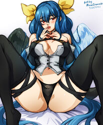 1girls artist_name asymmetrical_wings bangs black_legwear black_panties blue_hair blush breasts dated dizzy_(guilty_gear) eyebrows_visible_through_hair feet_out_of_frame female finger_to_mouth guilty_gear guilty_gear_xrd hair_between_eyes hair_rings hand_on_own_chest large_breasts long_hair looking_to_the_side midriff minacream navel panties red_eyes ribbon skindentation spread_legs stomach tail thick_thighs thigh_strap thighhighs thighs twintails underwear wings yellow_ribbon rating:Questionable score:18 user:kris923