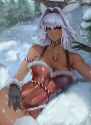 1girls 2021 animal_ears araneesama artist_signature body_markings breasts brown_skin caenis_(fate) choker christmas cleavage cutesexyrobutts_(style) dark-skinned_female dark_skin fate/grand_order fate_(series) female female_only hi_res hips large_breasts lingerie looking_at_viewer outdoors short_hair slim_waist snow thick_thighs thighs white_hair wide_hips rating:Questionable score:106 user:Cero_Oscuras