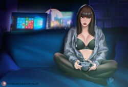  1girls bra brown_hair clothed computer dark_hair female female_only gaming green_eyes joystick microsoft mostly_clothed playing_videogame sitting sitting_on_sofa sofa tomwlod windows windows_10  rating:questionable score: user:bot