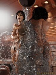 2girls 3d bath bathing black_hair blankpins broom brown_hair chloe_frazer curly_hair dark-skinned_female duo nude overwatch pharah pubic_hair sauna sweat tan-skinned_female uncharted water wet rating:Explicit score:91 user:blankpins