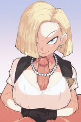 1boy 1girls android_18 big_breasts blonde_hair blue_eyes breasts clothed_female_nude_male dragon_ball dragon_ball_z eye_contact gloves hair_over_one_eye inkuusan kuririn large_breasts looking_at_viewer motion_lines outercourse paizuri paizuri_under_clothes penis short_hair veiny_penis rating:Explicit score:407 user:Bikuta69