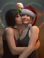 2girls 3d 3d_(artwork) 4k ada_wong ada_wong_(adriana) batesz black_hair blender blender_(software) brown_hair capcom christmas claire_redfield claire_redfield_(jordan_mcewen) clothed cute female female_only fully_clothed grin interracial kissing kissing_cheek light-skinned_female mistletoe resident_evil resident_evil_2 resident_evil_2_remake santa_costume santa_hat smile wholesome yuri rating:Safe score:310 user:deleted6786