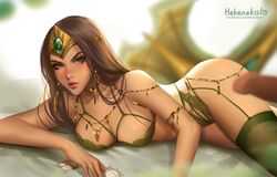 blade brown_hair condom condom_wrapper disembodied_penis green_eyes head_ornament heheneko jewelry laying_down laying_on_bed league_of_legends lingerie puffy_lips sivir tagme tan_skin rating:Explicit score:155 user:ugaugaugau12e