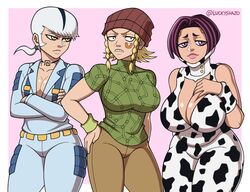 3girls big_breasts black_eyes blonde_hair boobs breasts cleavage clothing cow_costume cow_girl cow_print donatello_versace female female_only genderswap green_shirt hat hips huge_breasts jojo's_bizarre_adventure large_breasts light-skinned_female light_skin luckyshazo ponytail pose posing purple_eyes purple_hair rikiel rule_63 simple_background small_breasts stone_ocean tattoo thick_thighs thighs touching_breast ungalo white_hair wide_hips yellow_eyes rating:Explicit score:69 user:mr.sparkle