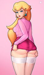 1girls ass back_view blonde_hair blue_eyes breasts clothed clothing earrings eye_contact female female_only hair_ornament lipstick long_hair loodncrood looking_at_viewer looking_back mario_(series) miniskirt nintendo panties pencil_skirt pink_background pink_panties pink_shirt pink_skirt princess_peach shirt simple_background skirt skirt_lift solo standing stockings thick_thighs thighhighs thighs tight_clothing underwear rating:Questionable score:265 user:Bikuta69