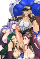 1boy 3girls absurdres alternate_costume big_breasts blonde_hair breast_outside breast_tattoo breasts breasts_out bunny_ears bunny_girl bunnysuit camilla_(fire_emblem) cock_worship collaborative_fellatio crossover easter fatal_fury fellatio femsub fire_emblem fire_emblem:_path_of_radiance fire_emblem_fates fire_emblem_heroes foursome gloves green_hair group_sex hair_over_one_eye harem highres horns huge_breasts king_of_fighters large_breasts leenvidia licking licking_penis loki_(fire_emblem) loki_(spring)_(fire_emblem) long_hair maledom multiple_fellatio multiple_girls nintendo nipples official_alternate_costume one_breast_out one_eye_closed oral penis penis_awe penis_grab penis_out petrine_(fire_emblem) purple_eyes purple_hair slave snk tattoo teamwork terry_bogard testicle_grab throne throne_sex tongue tongue_out white_background rating:Explicit score:29 user:BogardBadguy