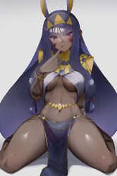 1girls 2021 abs animal_ears arm_support belly belly_button bracelet breasts dark-skinned_female dark_skin fate/grand_order fate_(series) female female_only finger_on_lip grey_background hand_to_own_mouth headwear hi_res high_resolution highres jewelry kataku_musou kneeling long_hair looking_at_viewer navel nitocris_(fate/grand_order) pelvic_curtain purple_eyes purple_hair simple_background smile solo spread_legs tattoo thick_thighs thighs underboob rating:Explicit score:136 user:kkiskin8