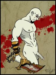  1boy big_muscles god_of_war human kratos male male_only penis red_bones side_view solo standing tagme white_skin  rating:explicit score: user:bot