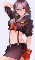 2021 abs arm_behind_head belly belly_button blue_eyes bow breasts clothed clothed_female dark_hair female female_only fully_clothed glove gloves grey_background hi_res high_resolution highres kamui_(kill_la_kill) kataku_musou kill_la_kill living_clothes looking_at_viewer matoi_ryuuko navel red_bow red_gloves school_uniform senketsu short_hair simple_background skirt thighs tomboy rating:Questionable score:95 user:kkiskin8