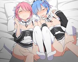 2016 2girls arms_up armwear ass blue_hair blush bow breasts breasts_out closed_eyes closed_mouth clothed clothed_female fingering fingering_partner fingers_in_pussy flat_chest hi_res high_resolution highres itose_ikuto legs_up lying_on_bed maid maid_uniform open_mouth panties panties_aside pink_hair pussy ram_(re:zero) re:zero_kara_hajimeru_isekai_seikatsu rem_(re:zero) short_hair small_breasts spread_legs stockings teenage_girl teenager vaginal_penetration white_panties white_stockings rating:Explicit score:305 user:kkiskin8