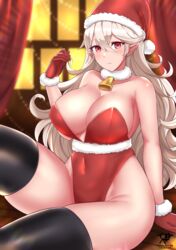 1girls 2021 absurdres alternate_costume bare_arms bare_shoulders bell bell_choker blonde_hair blush breasts choker christmas christmas_outfit cleavage corrin_(fire_emblem) corrin_(fire_emblem)_(female) female female_only fire_emblem fire_emblem_fates gloves hair_between_eyes hat hi_res highres hips indoors kaos_art large_breasts leotard long_hair looking_at_viewer nintendo pointy_ears red_eyes red_leotard santa_hat sitting skindentation slim_waist smile solo thick_thighs thighhighs thighs very_high_resolution wide_hips rating:Questionable score:77 user:Cero_Oscuras