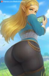 1girls absurd_res ass ass_focus ass_up back_view big_ass blonde blonde_hair breath_of_the_wild clothed dat_ass female female_only fully_clothed green_eyes highres huge_ass light-skinned_female light_skin long_hair looking_at_viewer looking_back meekohopanes nintendo outside pale-skinned_female pale_skin pants pointy_ears princess_zelda simple_background skin_tight solo solo_female the_legend_of_zelda thick_thighs tight_clothing tight_pants wide_hips wind zelda_(breath_of_the_wild) rating:Questionable score:836 user:GaspinJojo