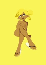 bedroom_eyes breasts cleavage crossed_legs dark-skinned_female flip_flops freeglass hips inkling inkling_girl iseenudepeople nintendo obscured_breasts sandals splatoon tentacle_hair yellow_eyes yellow_hair yellow_nail_polish yellow_nails rating:Explicit score:43 user:Emalenotrequired