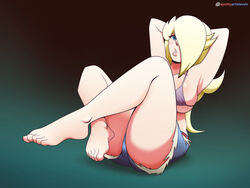 1girls arms_behind_head arms_up barefoot big_breasts bikini bikini_top black_bikini blonde_hair blue_background blue_eyes breasts feet female female_only full_body gradient_background hi_res jean_shorts laying_back lips long_hair mario_(series) nintendo princess_rosalina short_shorts shorts simple_background sitting solo spotty_arts super_mario_galaxy swimsuit thick_thighs thighs uncensored rating:Questionable score:61 user:Spotty_Arts